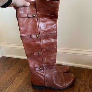 BCBG over the knee, brown leather boot with straps and gold grommets